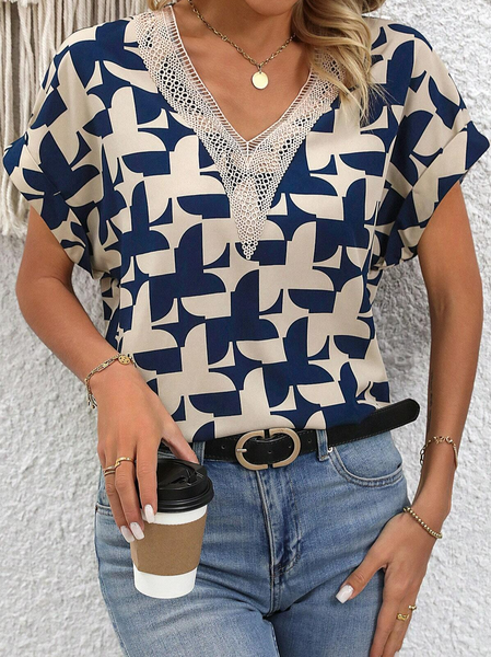 

Casual Color Block Loose V Neck Shirt, Dark blue, Shirts & Blouses