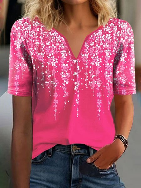 

Floral Loose Notched Casual T-Shirt, Pink, T-Shirts