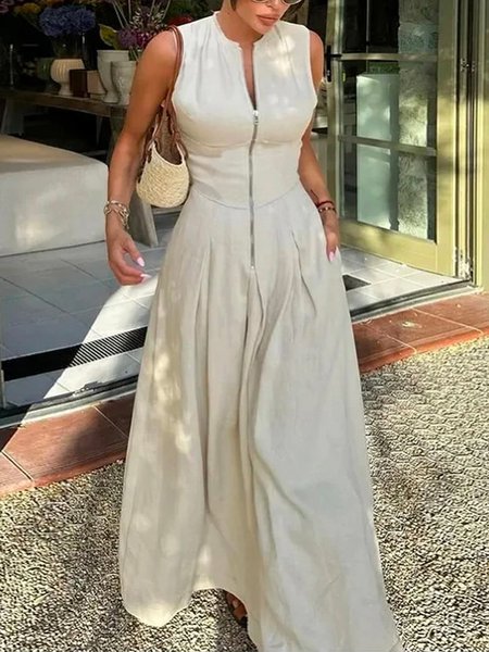 

Crew Neck Plain Vacation Sleeveless Linen Maxi Dress, As picture, Maxi Dresses