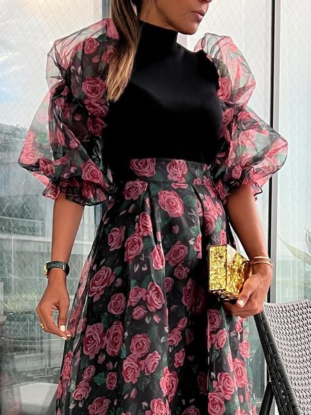

Half Turtleneck Regular Fit Floral Urban Shirt, As picture, Blouses and Shirts