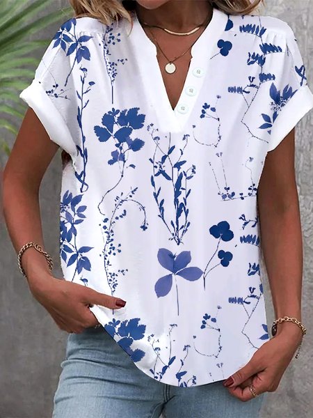 

Casual Floral Raglan Sleeves Loose Shirt, Blue, Blouses & Shirts