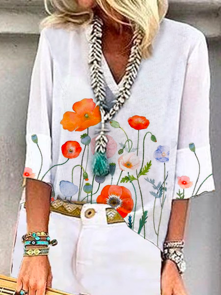 

Floral Loose Casual Linen Style Shirt, White, Blouses & Shirts
