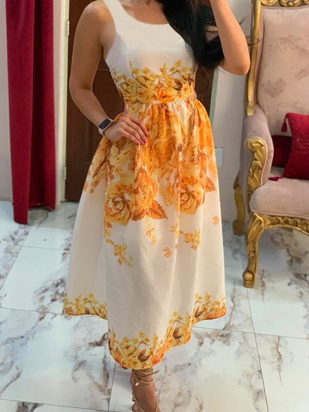 

Vacation Crew Neck Sleeveless Floral Midi Dress With No Belt, Orange, Midi Dresses