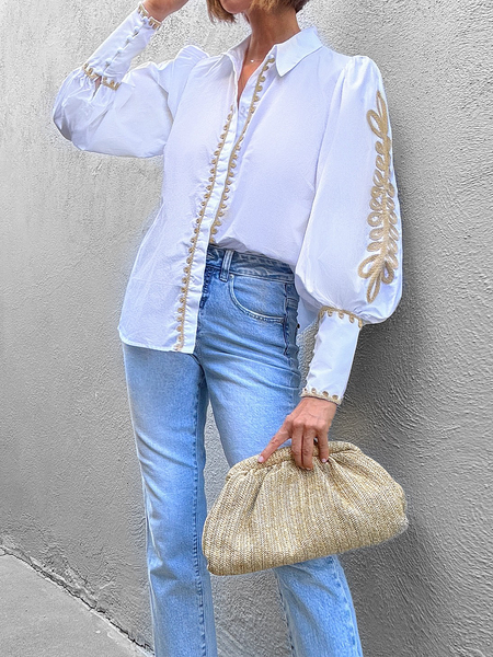 

Loose Shirt Collar Long Sleeve Urban Blouse, White, Blouses and Shirts