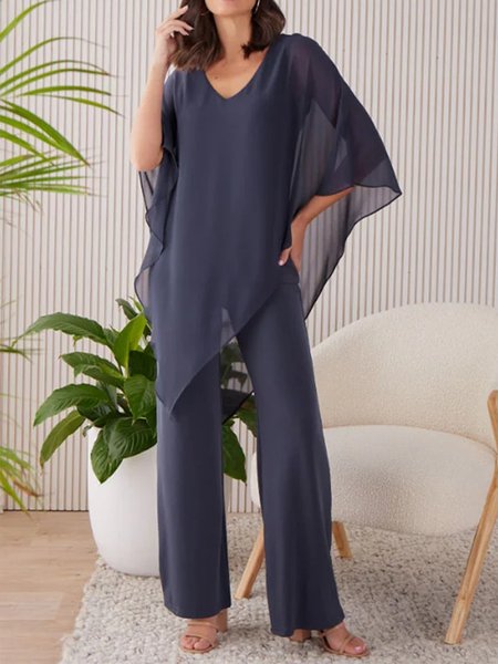 

V Neck Loose Elegant Two-Piece Set, Dark blue, Suit Set