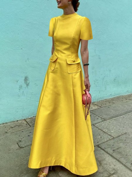 

Elegant Regular Fit Crew Neck Dress, Yellow, Maxi Dresses