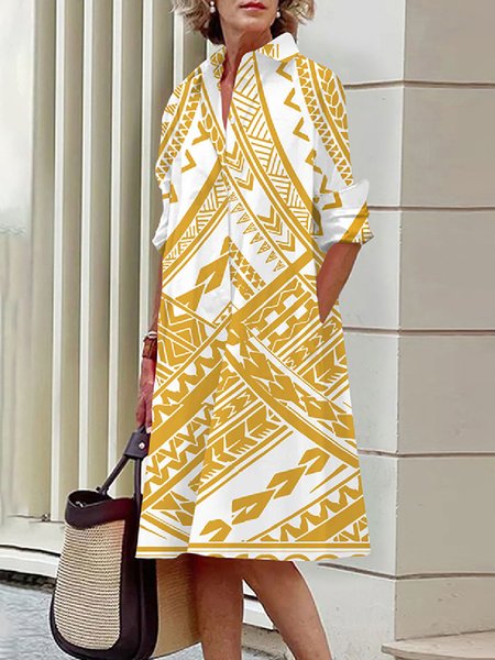 

Daily Geometric Shirt Collar Urban Regular Fit Dress, Yellow, Midi Dresses