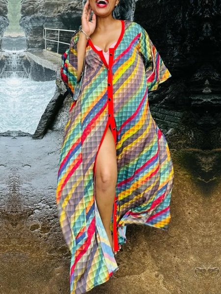 

Daily Loose Geometric Vacation V Neck Dress, As picture, Maxi Dresses