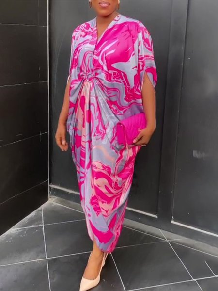 

Random Print V Neck Vacation Dress, As picture, Maxi Dresses