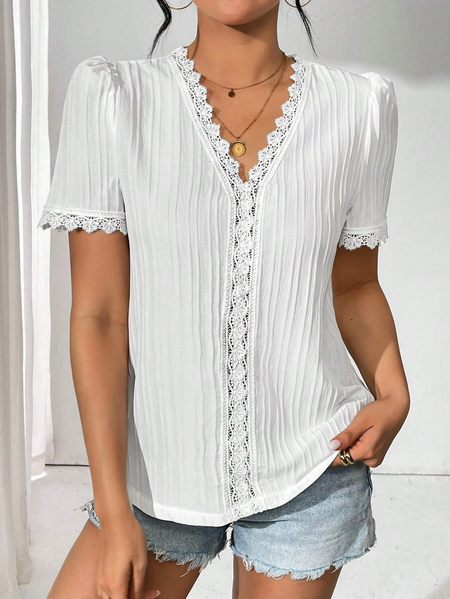 

Loose Lace Edge V Neck Casual Shirt, White, Shirts & Blouses