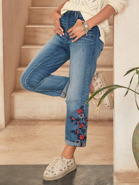 

Casual Loose Embroidered Floral Jeans, Denim blue, Jeans