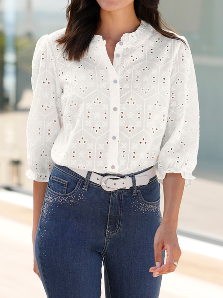 

Crew Neck Cotton Loose Casual Blouse, White, Shirts & Blouses
