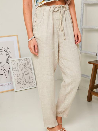

Plain Cotton Casual Linen Style Pants, Apricot, Pants