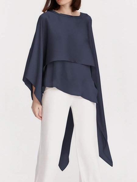 

Crew Neck Elegant Loose Plain Two-Piece Set, Dark blue, Shirts & Blouses