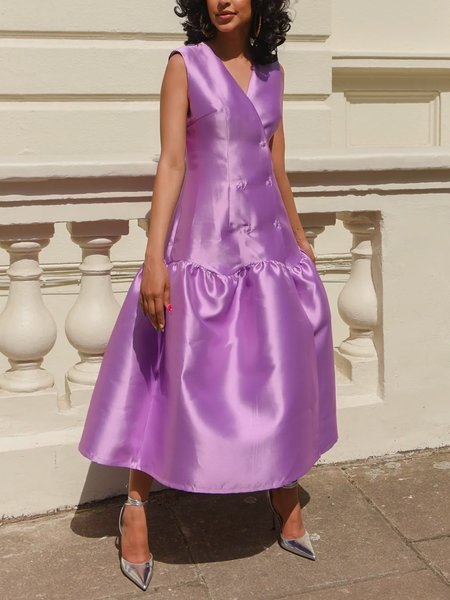 

Regular Fit Plain Elegant V Neck Sleeveless Midi Dress, Purple, Maxi Dresses