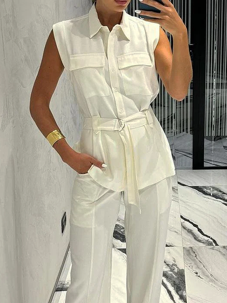 

Regular Fit Plain Shirt Collar Sleeveless Urban Blouse, Off white, Blouses and Shirts