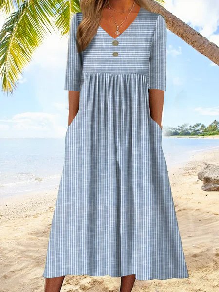 

Loose Casual Buckle Striped Dress, Blue, Dresses