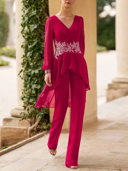 

Lantern Sleeve Elegant Loose Cross Two-Piece Set, Red, Suit Set