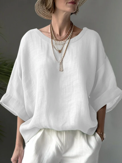 

Plain Crew Neck Casual Linen Style Shirt, White, Blouses & Shirts