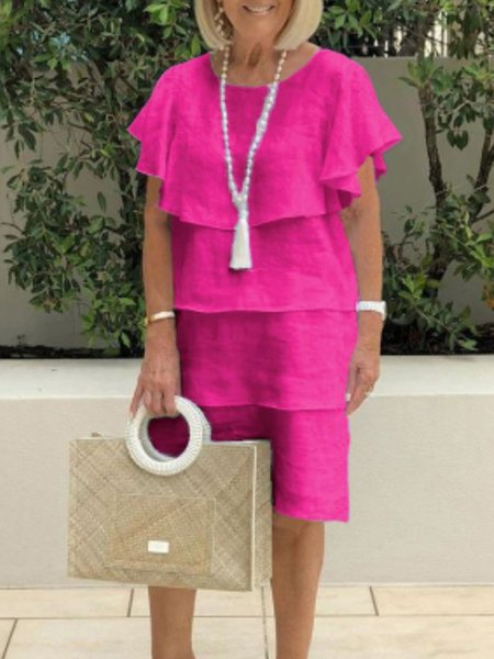 

Short Sleeve Linen Crew Neck Regular Fit Dress, Rose red, Midi Dresses