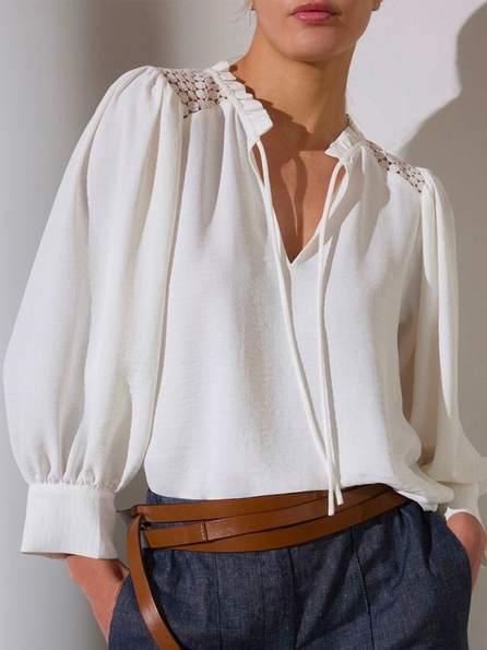 

V Neck Casual Linen Style Blouse, White, Blouses & Shirts