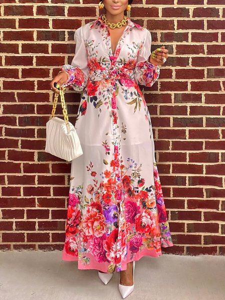 

Shirt Collar Vacation Floral Dress With Belt, As picture, Maxi Dresses