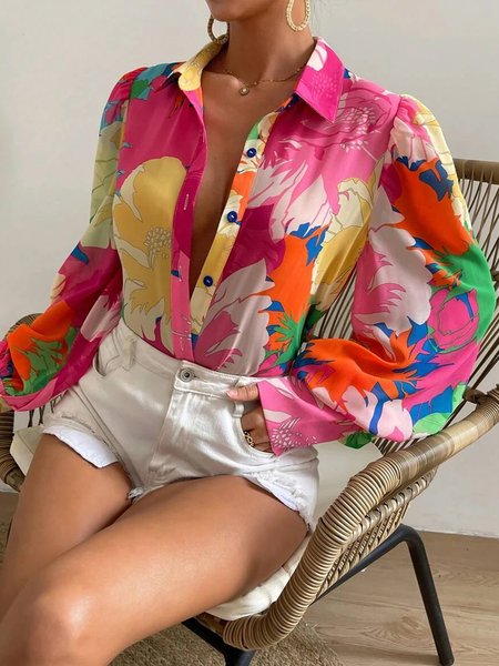 

Regular Fit Urban Floral Shirt Collar Blouse, Rose red, Blouses and Shirts