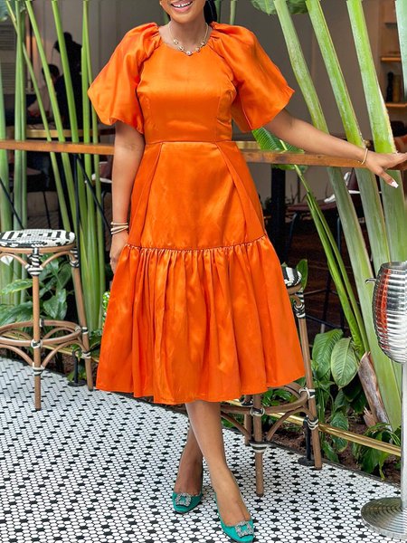 

Elegant Satin Plain Crew Neck Short Sleeve Dress, Orange, Midi Dresses