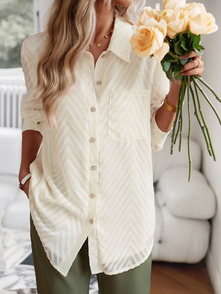 

Shirt Collar Long Sleeve Plain Regular Loose Blouse For Women, Apricot, Shirts