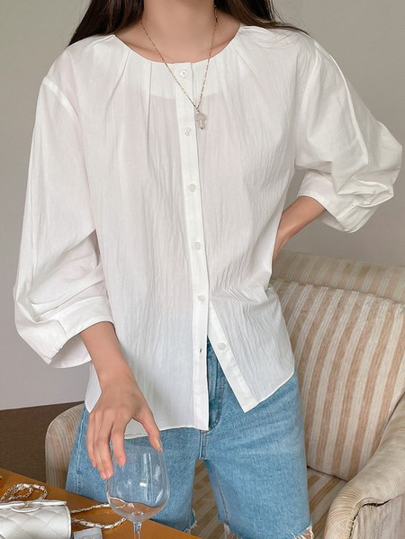 

Crew Neck Casual Linen Style Blouse, White, Blouses & Shirts
