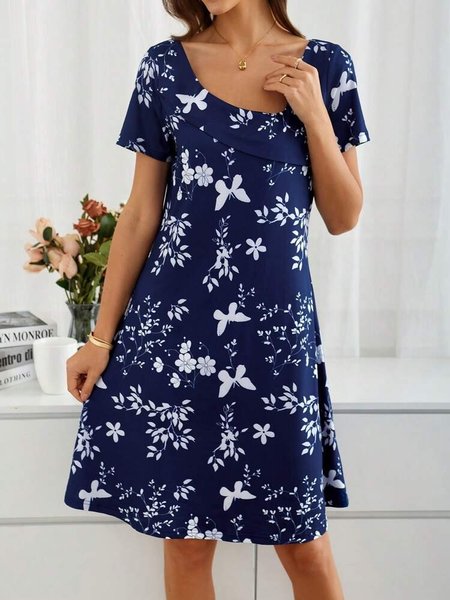 

Asymmetrical Floral Loose Casual Dress, Blue, Dresses