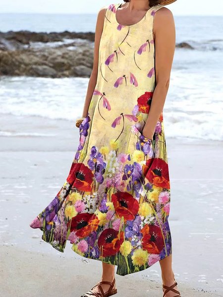 

Floral Scoop Neck Elegant Dress, Red, Dresses