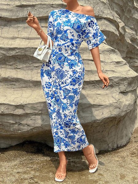 

Floral One Shoulder Urban Regular Fit Dress, Blue, Maxi Dresses