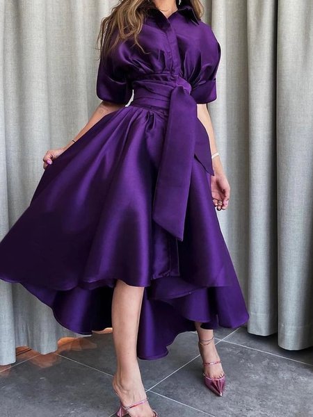 

Urban Plain Regular Fit Shirt Collar Dress With Belt, Purple, Maxi Dresses