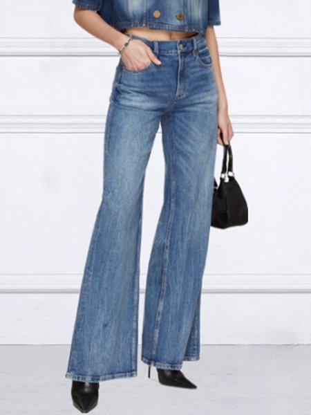 

Plain Urban High Waist Pockets Denim Jeans, Blue, Jeans