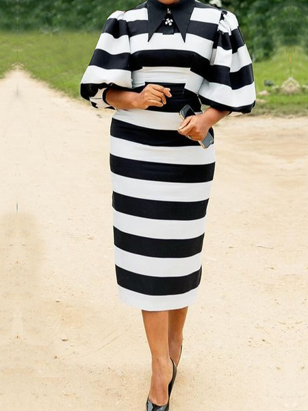 

Elegant Regular Fit Short Sleeve Shirt Collar Midi Dress, Stripe, Midi Dresses