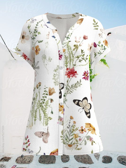 

Short Sleeve Floral Regular Loose Blouse For Women, Green, Blouses