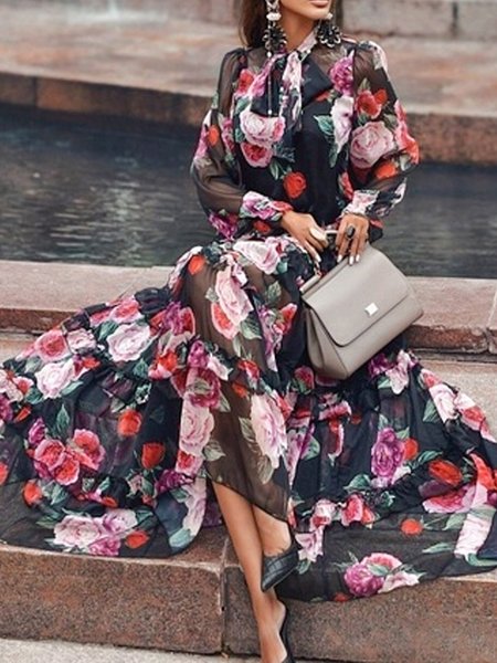 

Urban Floral Shawl Collar Dress, As picture, Maxi Dresses
