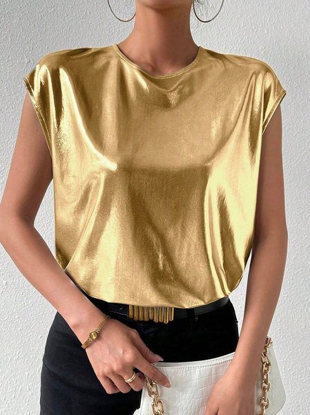 

Crew Neck Cap Sleeve Plain Regular Loose Shirt For Women, Golden, T-shirts