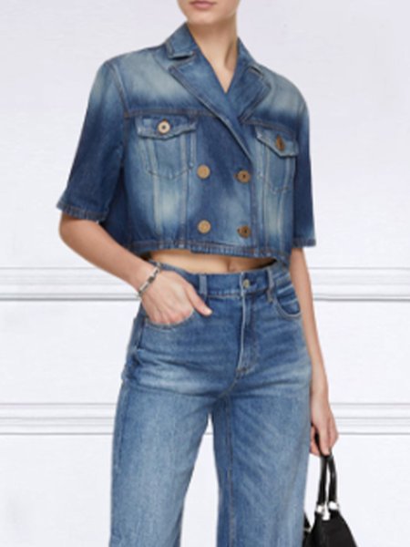 

Plain Lapel Collar Urban Buttoned Pockets Denim Blouse, Blue, Denim Tops