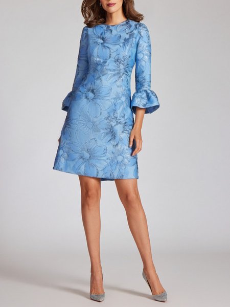 

Crew Neck Floral Regular Fit Elegant Dress, Blue, Mini Dresses