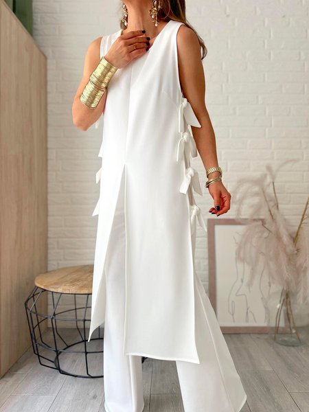 

V Neck Urban Plain Regular Fit Sleeveless Shirt, White, Blouses and Shirts