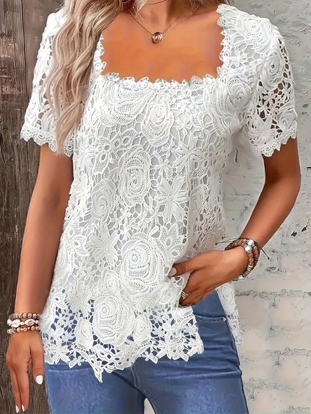 

Lace Elegant Square Neck Blouse, White, Blouses
