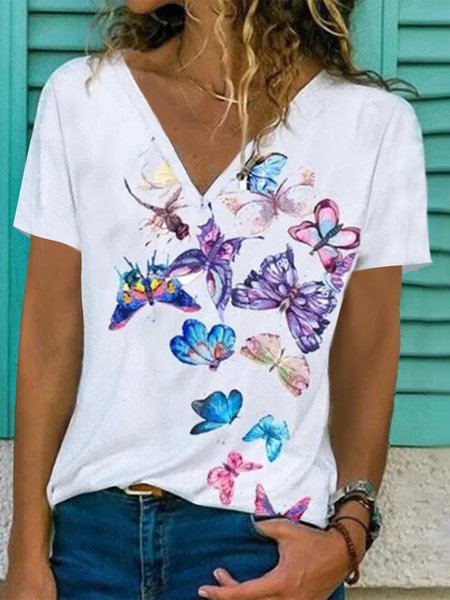 

Casual V Neck Loose Butterfly T-Shirt, White, T-Shirts