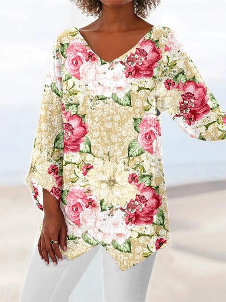 

Casual V Neck Floral Loose Shirt, Apricot, Shirts & Blouses