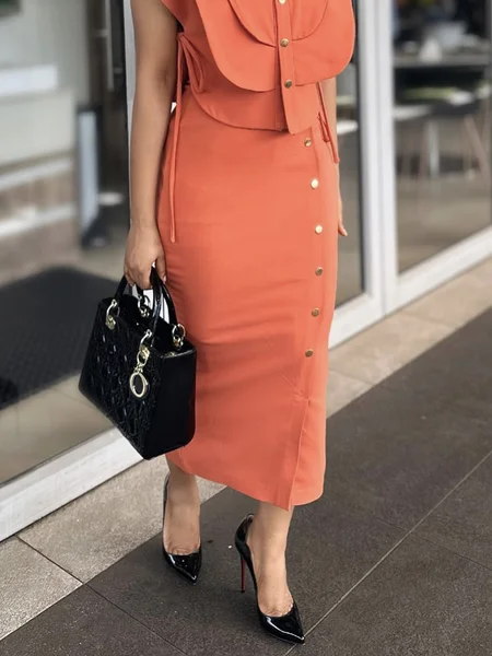 

Regular Fit Urban Plain Buttoned Skirt, Orange, Skirts