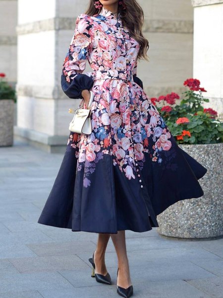 

Loose Urban Printing Stand Collar Dress With Belt, As picture, Maxi Dresses