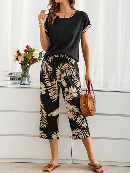 

Women's Palm Leaf Daily Going Out Two Piece Set Short Sleeve Casual Summer Top With Pants Matching Set Black, Suit Set