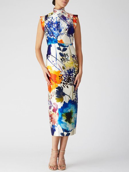 

Stand Collar Regular Fit Elegant Floral Dress, As picture, Midi Dresses
