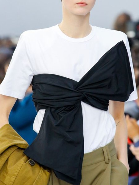 

Daily Crew Neck Bow Color Block Short Sleeve T-Shirt, White, Tees